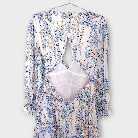 Ladies Dress Sz XL Ruffles Floral Blue Low V Open Back Coquette Cottagecore Shee - Picture 4 of 14